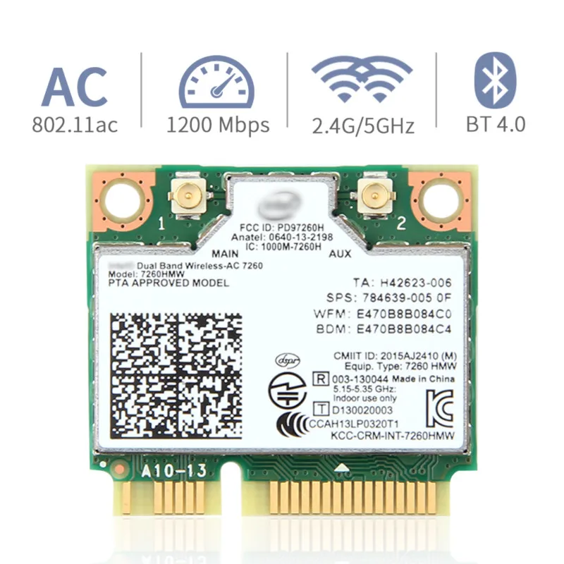 Двухдиапазонная Wi-Fi карта для Intel 7260 7260HMW 7260AC MINI PCI-E 2,4 ГГц/5 ГГц 802.11ac Wi-Fi Bluetooth 4,0 Wlan адаптер Win 7/8/10