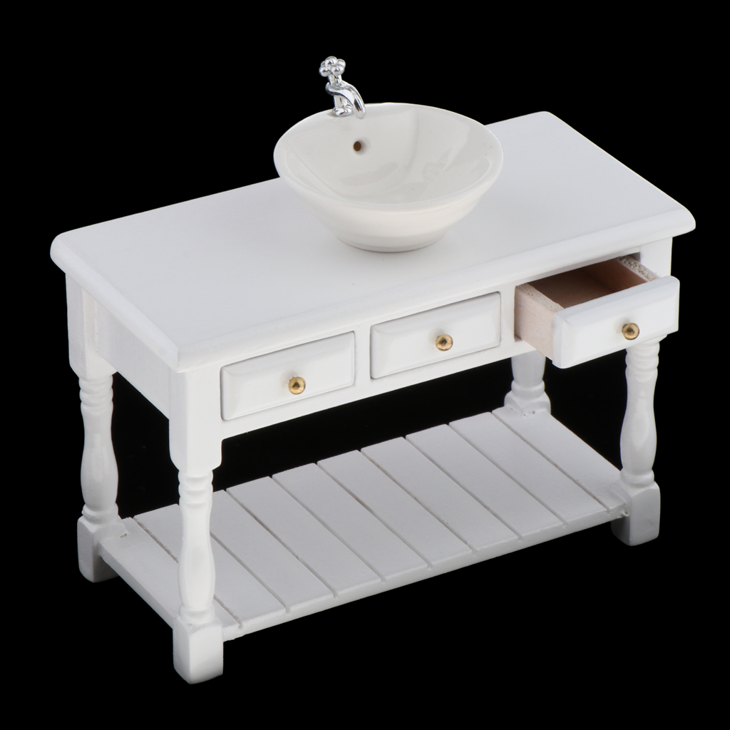 Fregadero redondo de cerámica en miniatura para casa de muñecas, mueble de porcelana blanca para baño, 1:12