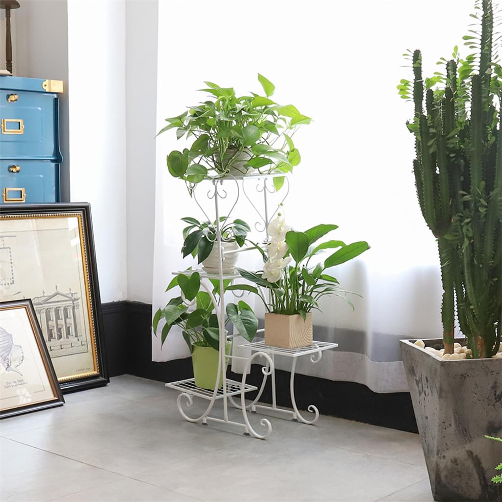 Suporte de metal para plantas, 4 camadas, 4 vasos, interior, ambiente externo, vários vasos de flores, prateleira, suporte para vasos de flores, armazenamento de plantas