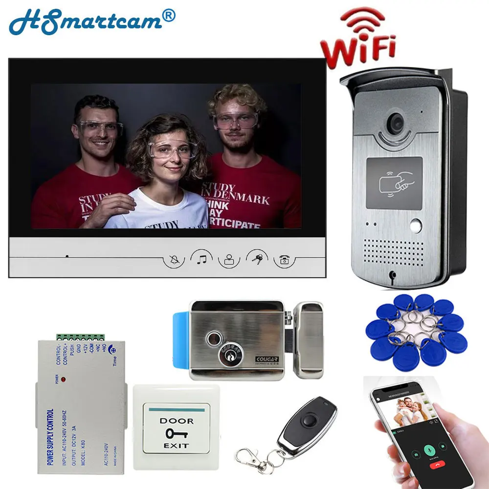 9 zoll WIFI Video Tür Sprechanlage Entry System 1 Monitor + 1 RFID Außen Kamera + Elektrische Schloss APP telefon Entsperren