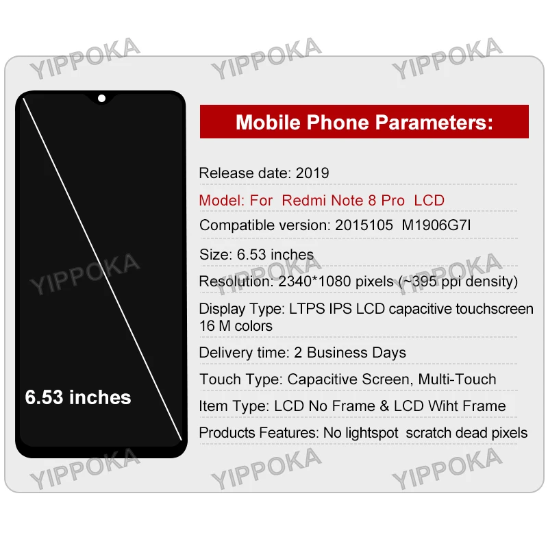 6.53 "สําหรับ Xiaomi Redmi หมายเหตุ 8 Pro จอแสดงผล Touch Screen Digitizer เปลี่ยนสําหรับ Redmi หมายเหตุ 8 Pro LCD M1906G7I M1906G7G