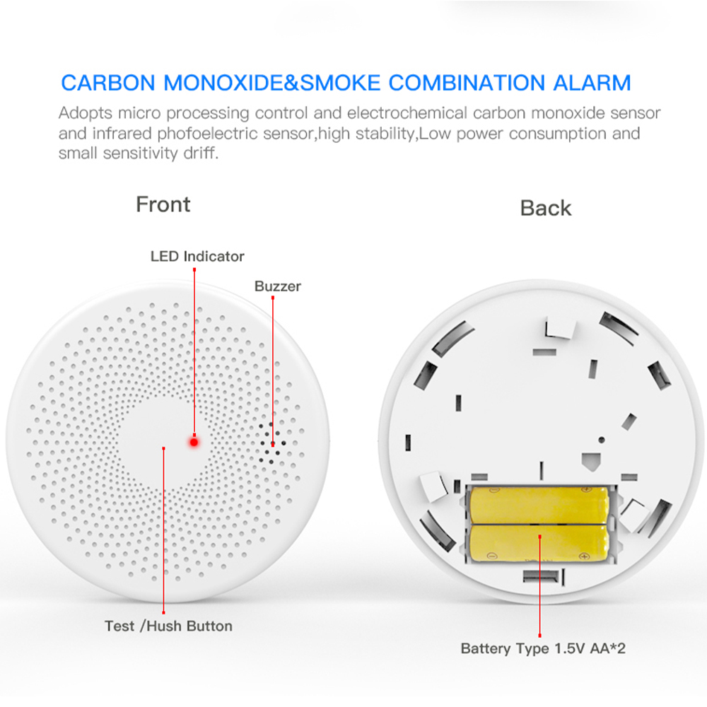 Tuya 2 in 1 Smoke Sensor CO Carbon Monoxide Detector Alarm Built-in 85dB Sound Alert LED Indicator Home Security Protection Fire
