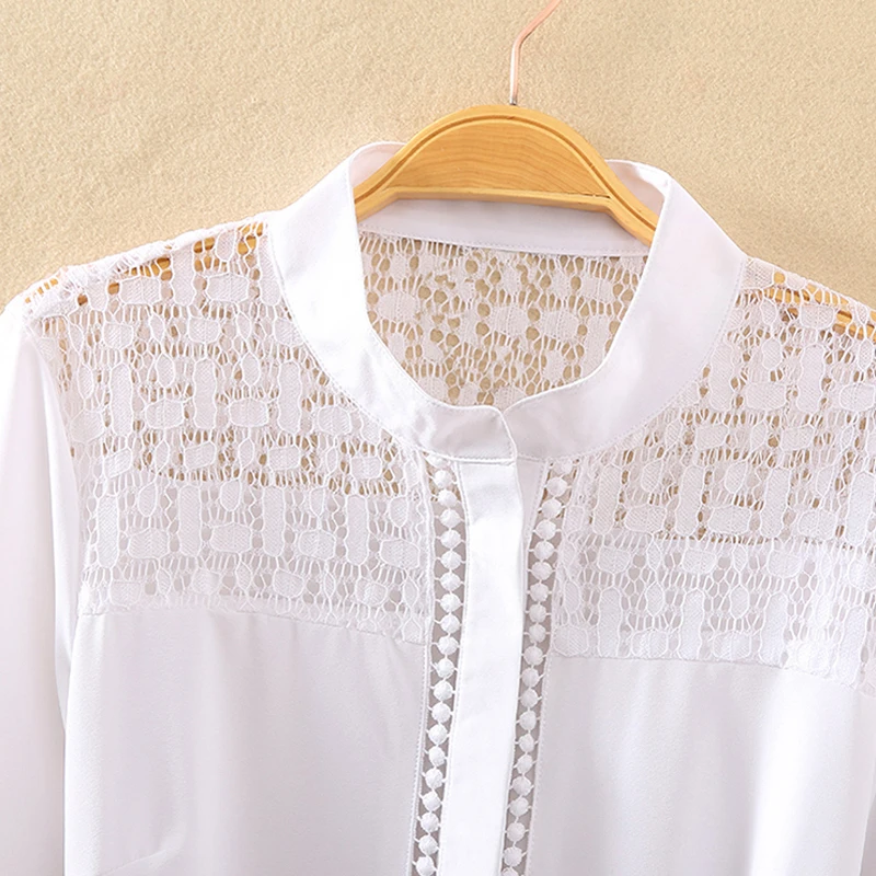 Neue Mode Büro Bluse Frauen Stehen Kragen Spitze Patch Langarm Körper Hemd Strampler Körper Tops Bluse aushöhlen Body weiß