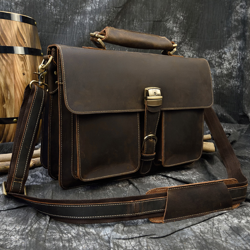 Luxe Mode 100% Echt Leer Mannen Aktetas Koe Lederen Laptoptas Vintage Schoudertas Echte Koeienhuid Computer Tas 15.6"