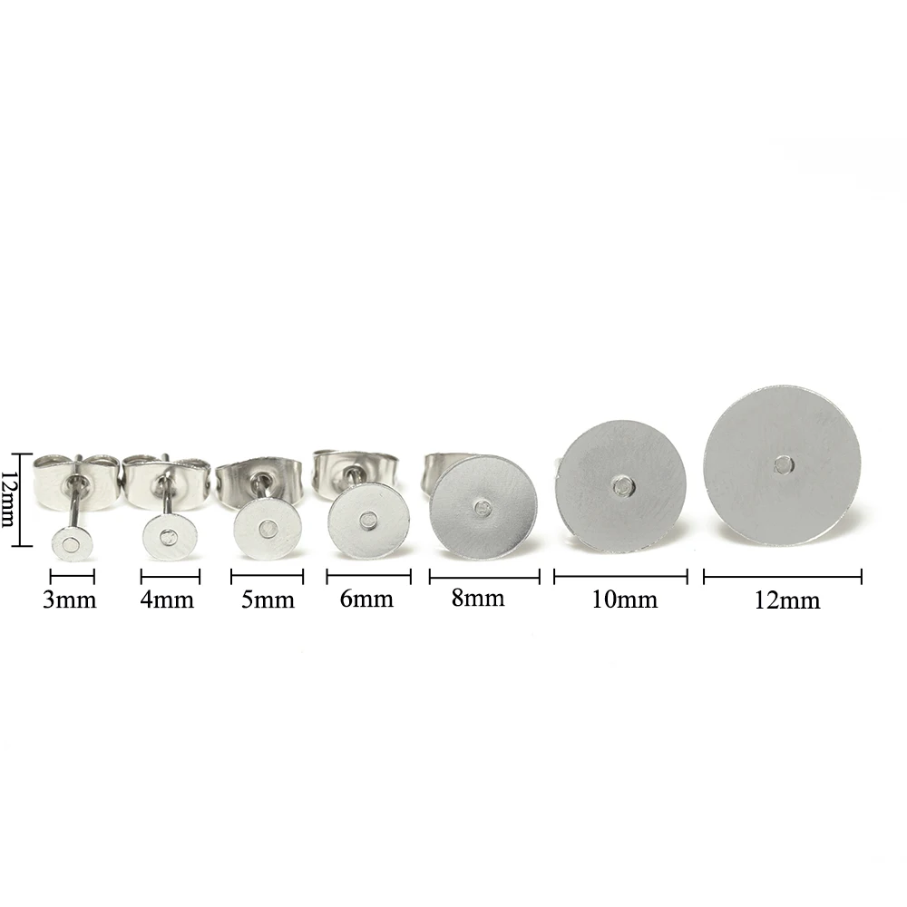 100 Pcs 316L Stainless Steel Kosong Kancing Anting-Anting Pin 3-12 Mm Flat Round Tray Telinga Dasar Temuan Perhiasan untuk DIY Anting-Anting Membuat