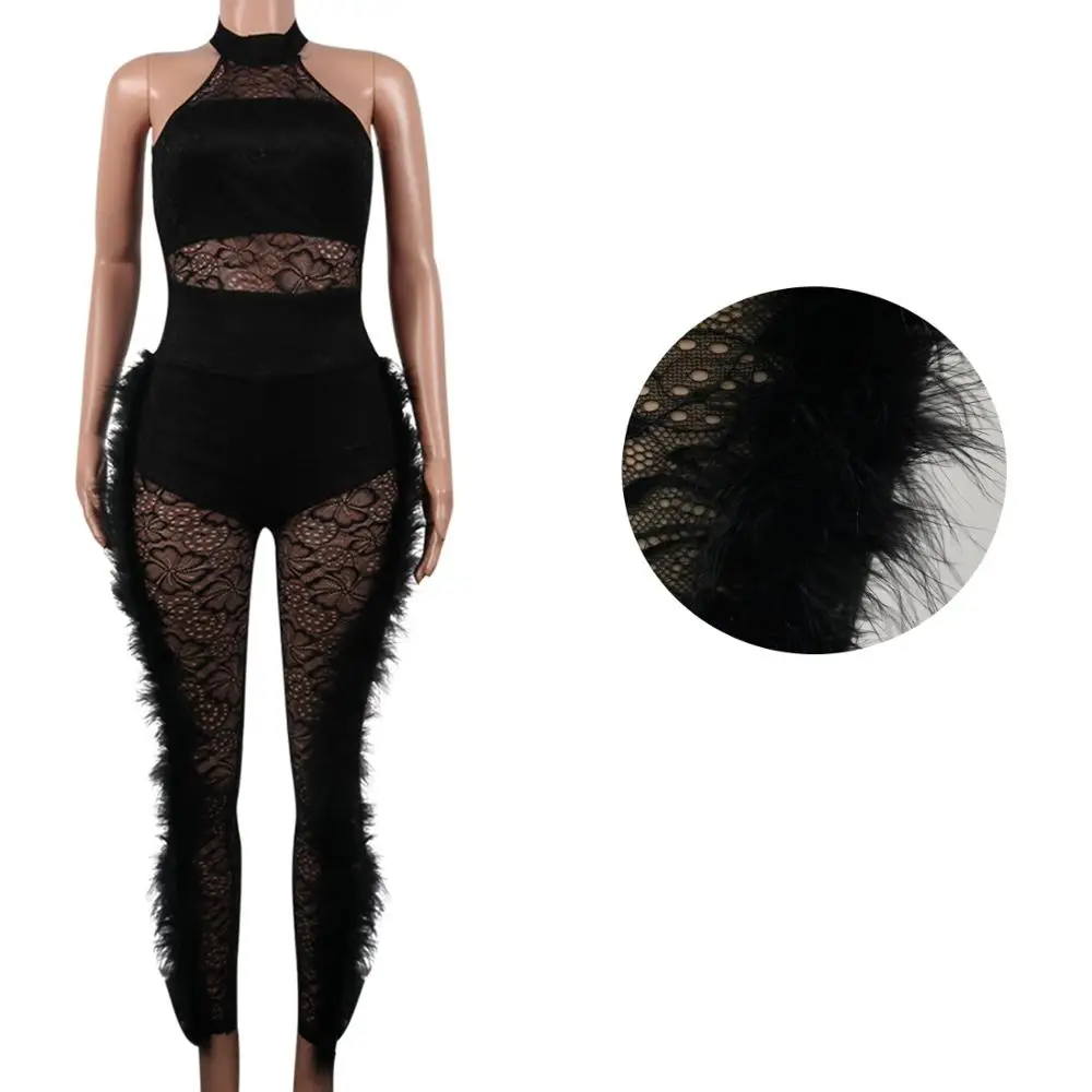 BKLD-monos de encaje de plumas para mujer, ropa de retales, Sexy, transparente, color negro, 2019