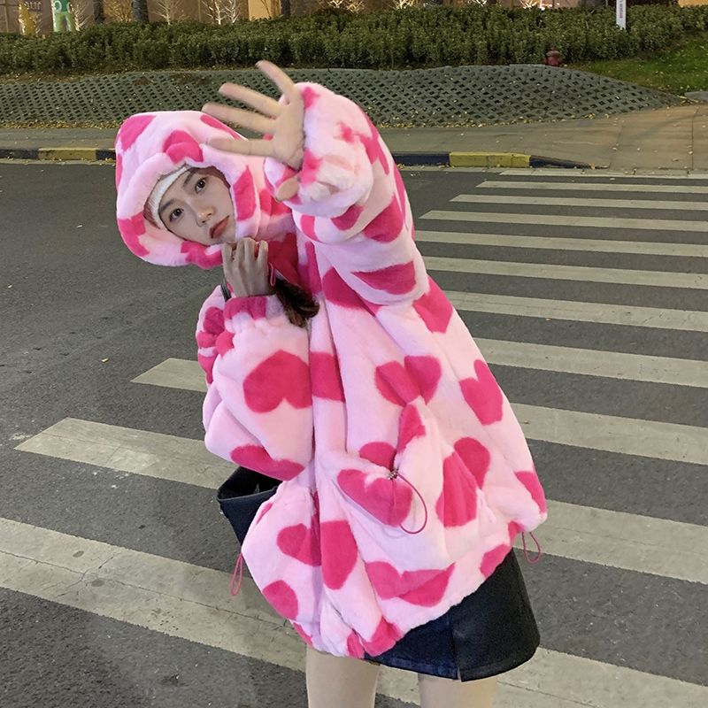 Jaqueta de pele de coelho falso feminino outono e inverno 2023 novo amor jaqueta de pelúcia feminina solta com capuz grosso algodão-acolchoado roupas maré