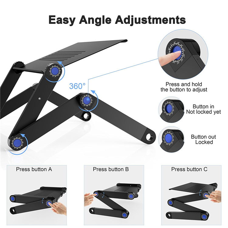 โต๊ะคอมพิวเตอร์อลูมิเนียมปรับได้แท่นวางแล็ปท็อปแบบพกพาเตียงที่บ้านที่วางแล็ปท็อปสำนักงานพร้อมแผ่นรองเมาส์360องศา