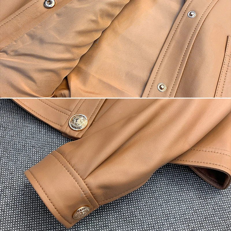 Abrigo corto de cuero genuino para Mujer, chaqueta elegante con cuello en V, hebilla dorada grande, bolsillo informal, Camel/Negro, Otoño/Invierno