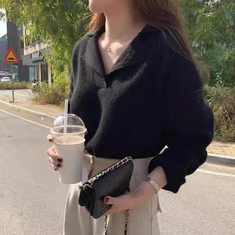 เกาหลีใต้หญิงฤดูใบไม้ร่วงครึ่งเปิด V-Lapel Pullover ฉบับภาษาเกาหลียาวแขนยาวสวมใส่เสื้อกันหนาว