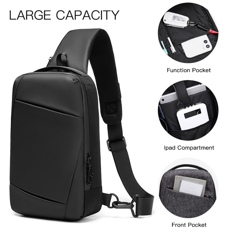 Ozuko-メンズ防水バッグ,USB充電付きメンズバッグ,チェストバッグ,トラベルバッグ,大容量ショルダーバッグ,黒