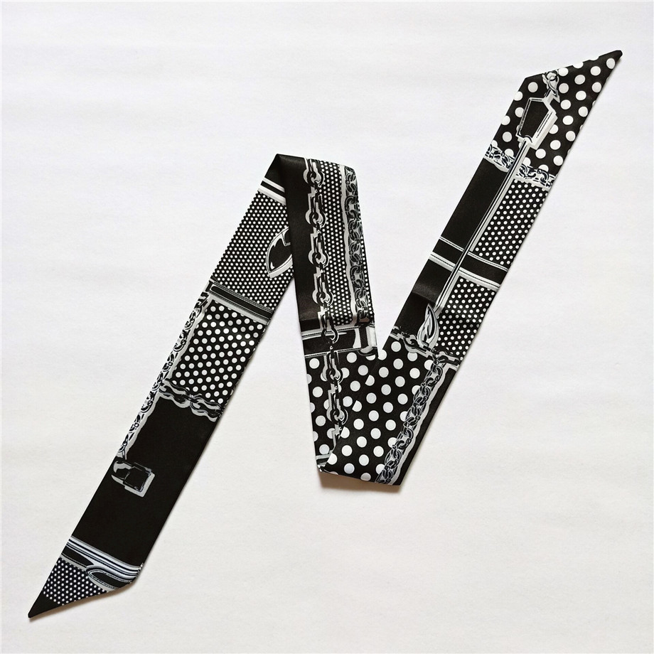 Bufanda de seda ajustada para mujer, pañuelo de marca de lujo, con cadena de puntos a cuadros, para la cabeza, con asa larga, para bolso, 2023