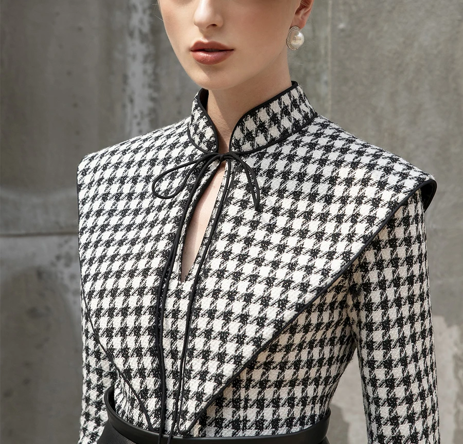 Tailor Shop Retro Slim และบางสีน้ำตาลเข้ม Houndstooth ฤดูหนาวหญิงหรูหราด้านบนและกระโปรง Semi-อย่างเป็นทางการ