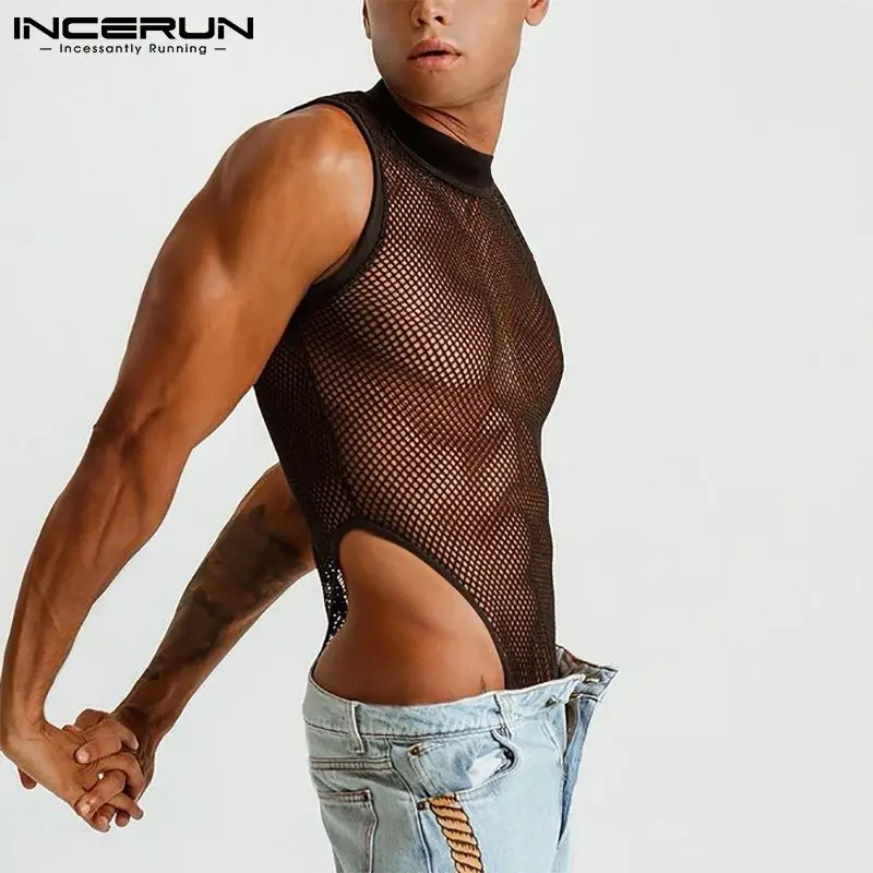 INCERUN 2023Männer Body Mesh Patchwork Durchsichtig Sexy Ärmellose Dünne Strampler Unterwäsche Dünne Mode Männlichen Bodys S-5XL