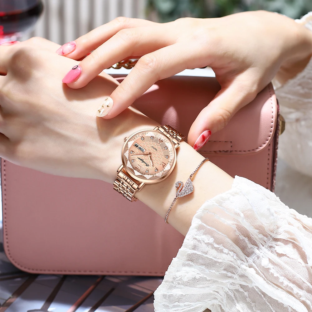 Reloj POEDAGAR para mujer, nueva moda, reloj de pulsera de acero inoxidable de lujo, pulsera Simple de oro rosa, relojes luminosos impermeables para mujer