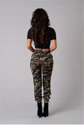 Nova venda quente cintura elástica conversível calças moda plus size camuflagem elegante magro exército verde calças jeans feminino