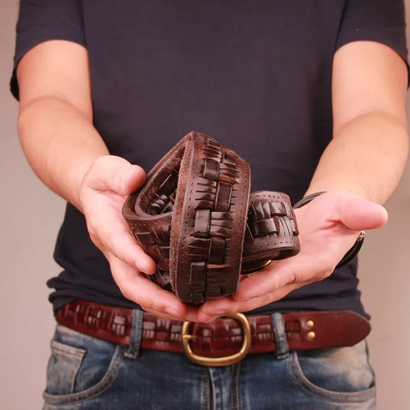 Cinturón Vintage de lujo hecho a mano con hebilla de cobre para hombre, cinturón suave de cuero de vaca Retro que combina con todo, informal