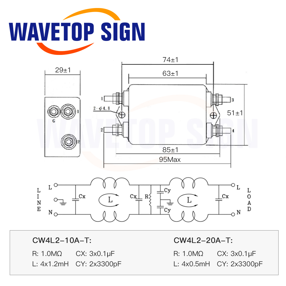 Фильтр электромагнитных помех WaveTopSign Power CW4L2-10A-T/S CW4L2-20A-T/S Однофазный переменный ток 115 В/250 В 20 А 50/60 Гц