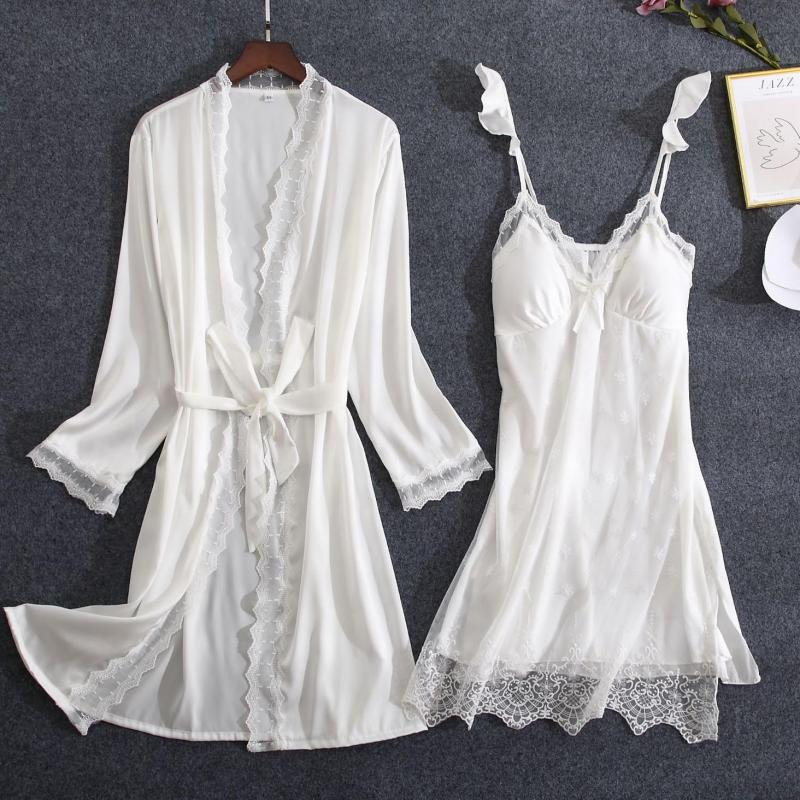 Weiße Spitze Braut Brautjungfer Hochzeit Robe Set Frauen Sommer Nachtwäsche Kimono Bademantel Kleid Lose Casual Schlaf Anzug Sexy Hause Kleid