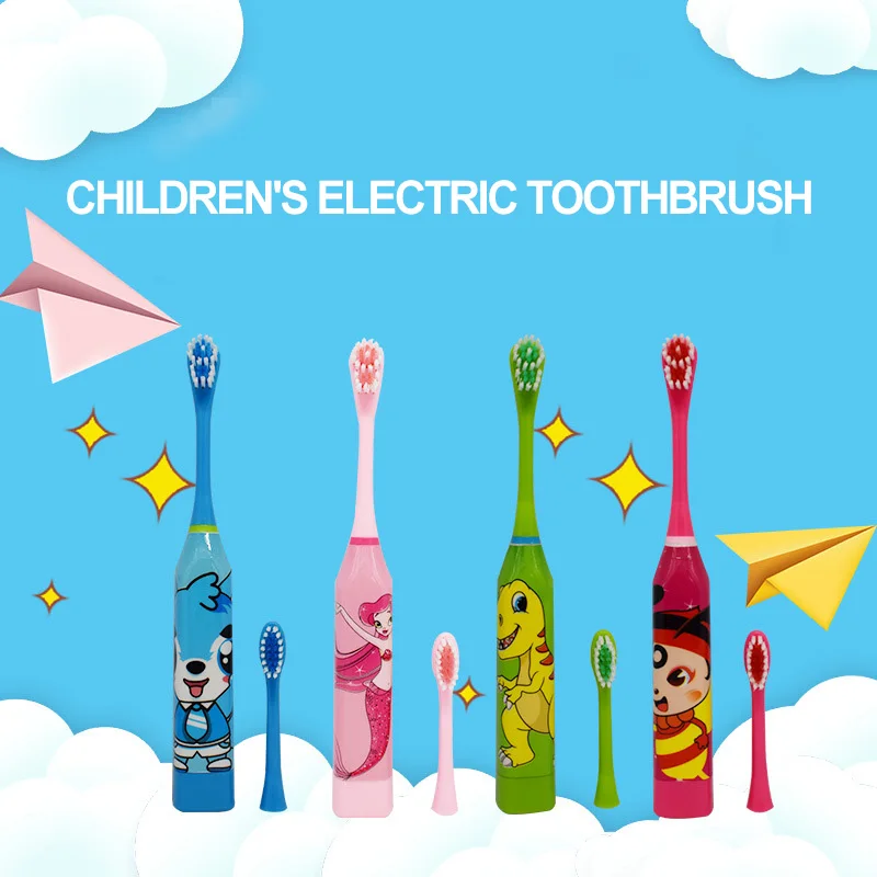 Cepillo de dientes eléctrico sónico de alta calidad para niños, herramienta de higiene bucal con cabezal reemplazable de dibujos animados, tipo de batería