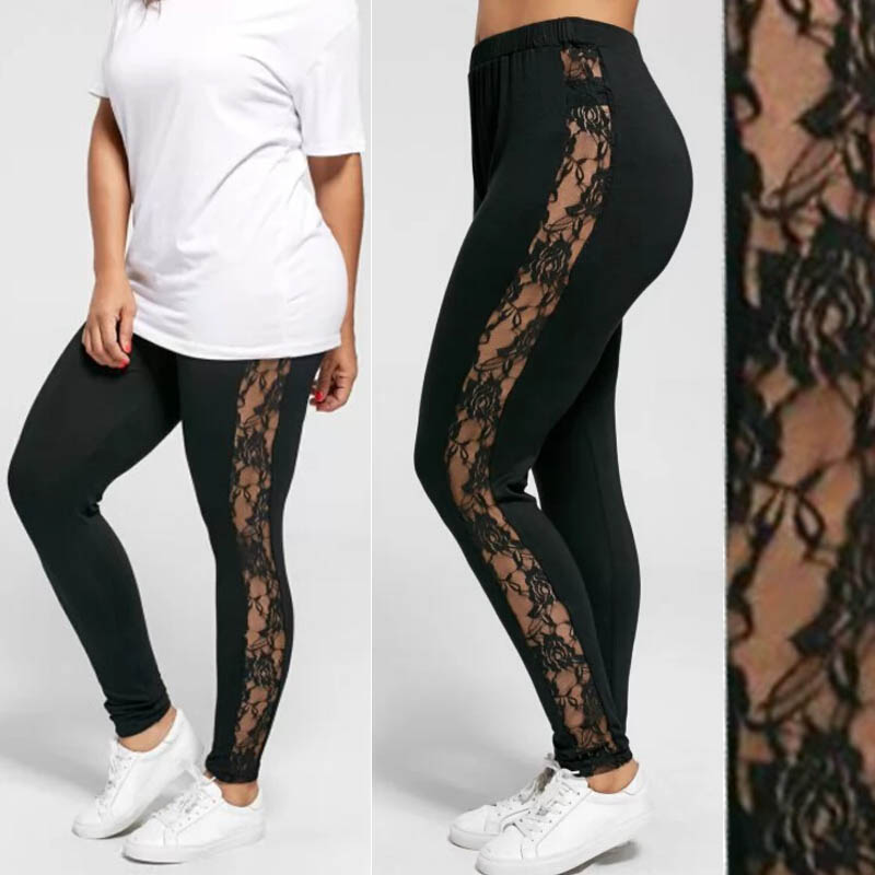 Sexy Damen-Leggings mit floraler Spitze, seitliche transparente schwarze Leggings, schmale Stretch-Sexy-Hose, Größe L-3XL