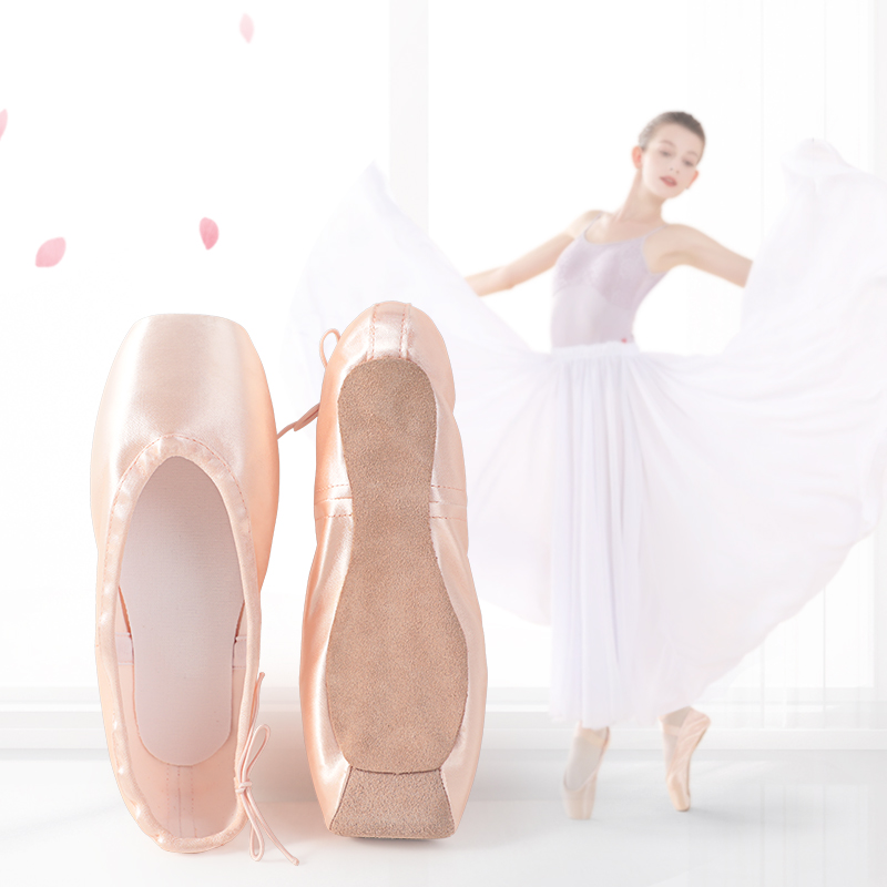 Sapatos de balé profissional com sola de couro genuíno, sapatos de balé de cetim com fitas para bailarina profissional