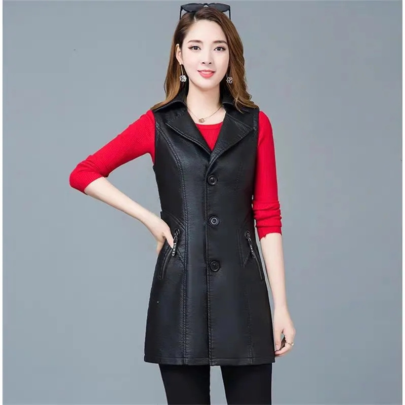 Chaleco de cuero sintético para mujer, Chaqueta larga sin mangas, abrigo de traje, prendas de vestir negras, 2021