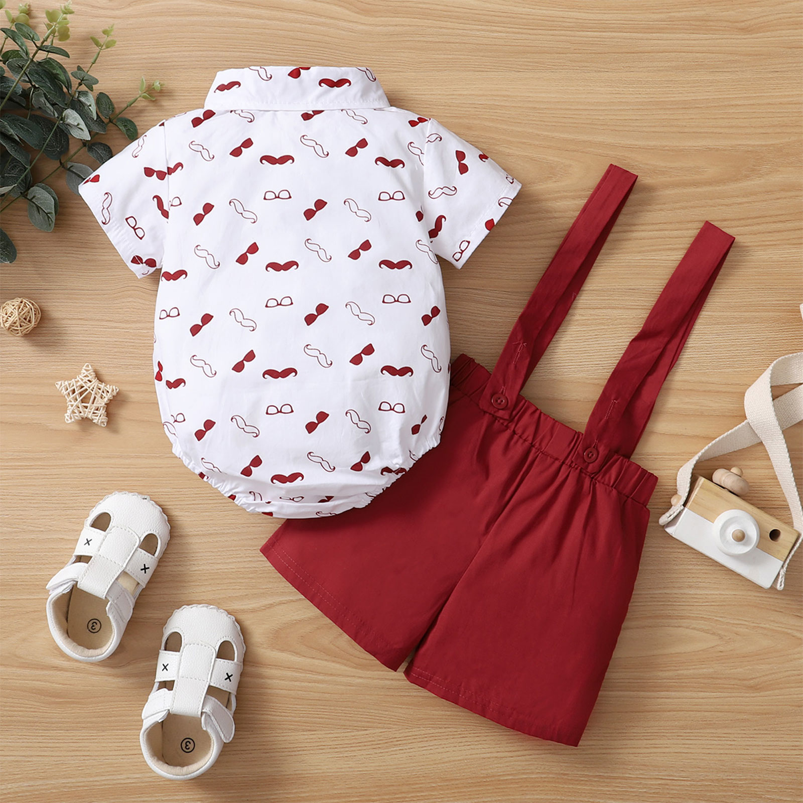 Bé Bé Trai Bộ Quần Áo, Râu In Nữ Tay Ngắn Có Cổ Áo Cổ + Đồng Màu Suspender Quần Short