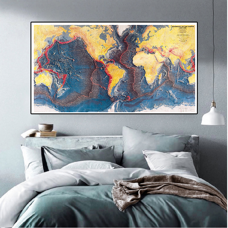 225x150cm 1960-1980 세계지도 지구의 지진 바다 바닥 파노라마, 연구 학교 용품 거실 홈 장식용