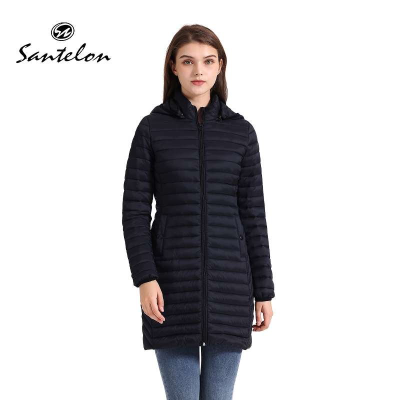 Santelon Winter Vrouwen Losse Lange Parka Jas Met Afneembare Capuchon Vrouwelijke Soild Ultralichte Draagbare Warm Gewatteerde Katoenen Buitenkleding