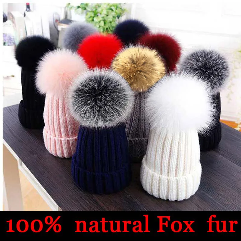 2021 Mới Lông Tự Nhiên Pom Pom Nón Thời Trang Mùa Đông Nón Cho Bé Gái Nữ Ấm Áp Beanies Cao Chất Lượng Cáo Mũ Lông Thú