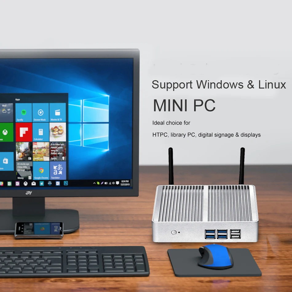 BEBEPC Quạt Không Cánh Mini PC HTPC Windows 10 Pro Intel Core I5 4200U Celeron DDR3L WiFi HD USB Văn Phòng Descktop Máy Tính văn Phòng Minipc