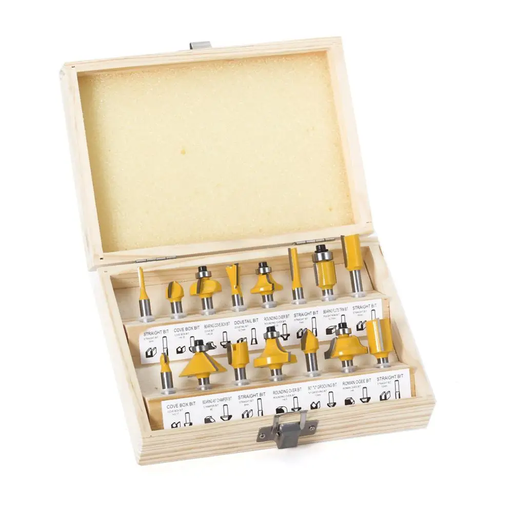 15pcs1/4 นิ้ว Router บิตชุดตัดตรงเครื่องตัดไม้ Bits ทังสเตนคาร์ไบด์ตัดไม้