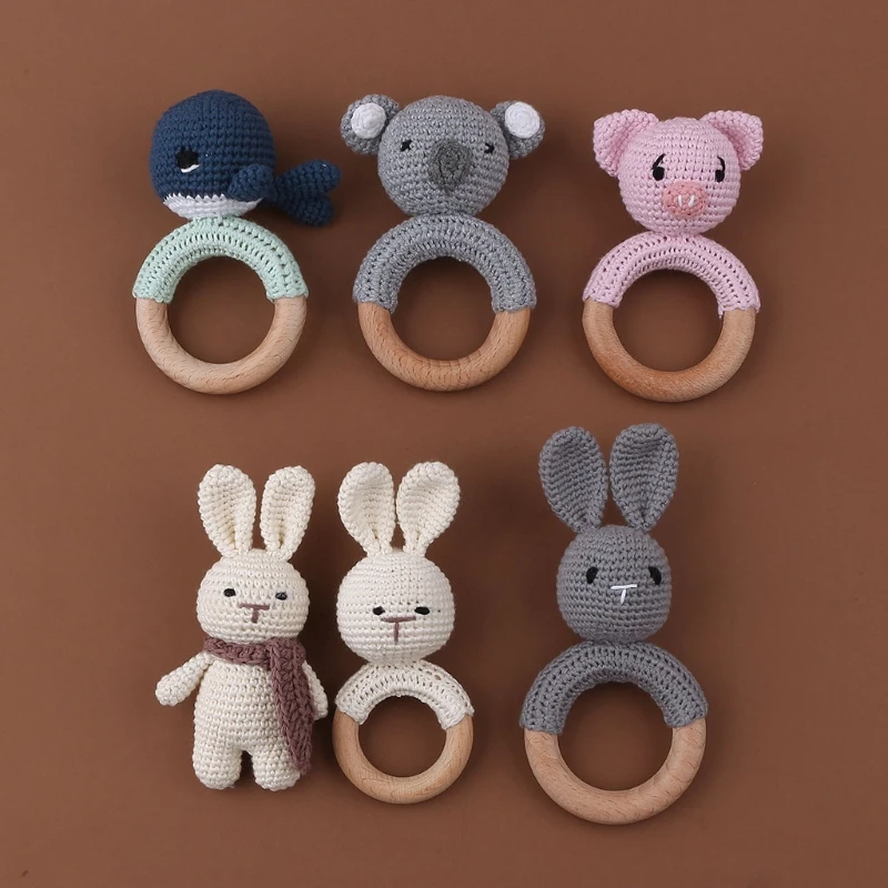 BPA ฟรีเด็ก Teether โครเชต์การ์ตูนของเล่นเด็ก Rattle แหวนไม้หนูของเล่นมือถือยิมเด็กทารกแรกเกิดของเล่นเพื่อการศึกษา