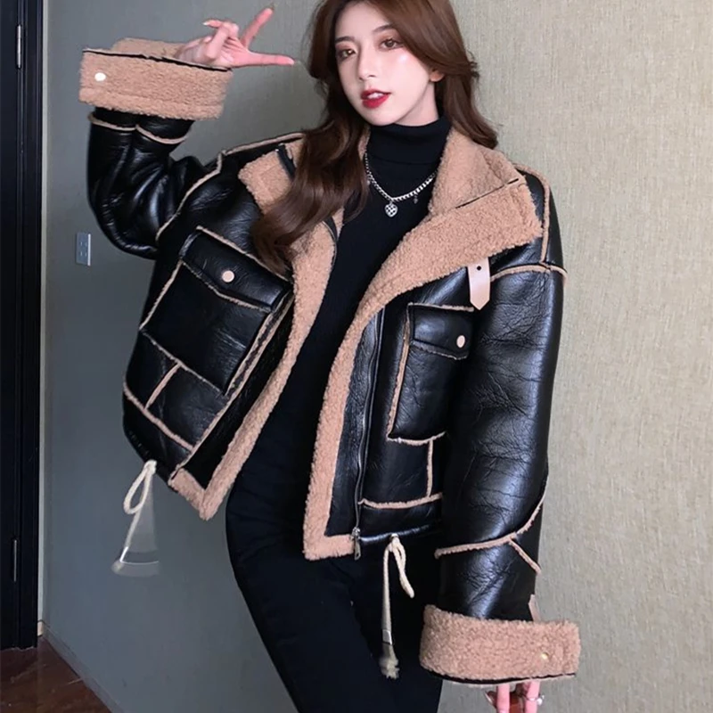 Koreanisches Lammfell lose kurze Pelz pu Leder Werkzeug Baumwoll jacke warme Parkas schwarze Frauen Schaffell Mantel Großhandel дубленка neu