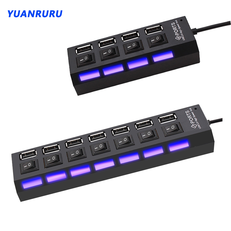 Hub USB com Interruptor para PC, Multi Splitter, Adaptador de Energia, Expansor Múltiplo, Uso, USB 2.0, 4, 7 Portas