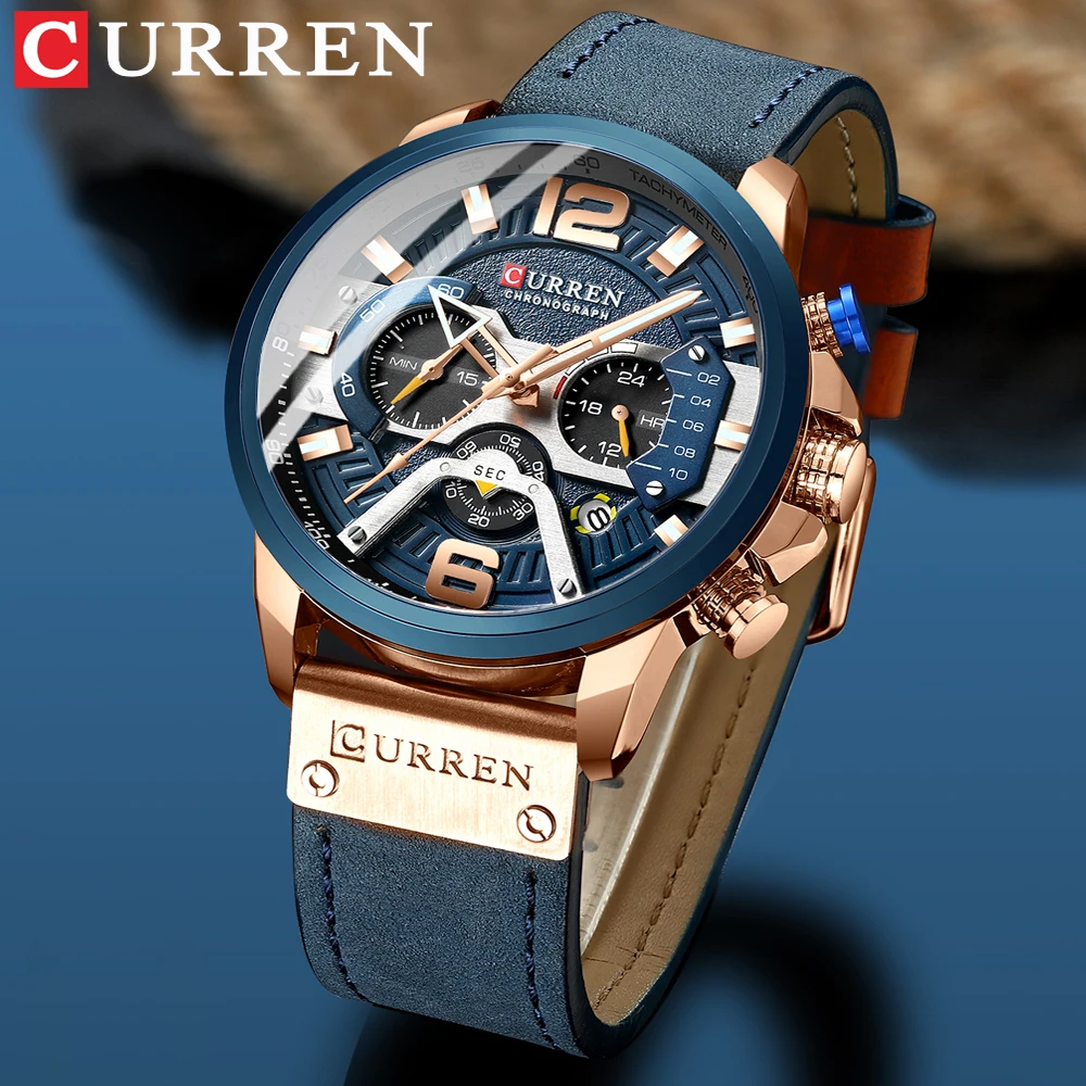 2021 Đồng Hồ Nam Đồng Hồ Cao Cấp Hàng Đầu Xanh Da Chronograph Thể Thao Thời Trang Ngày Chống Nước Reloj Hombre