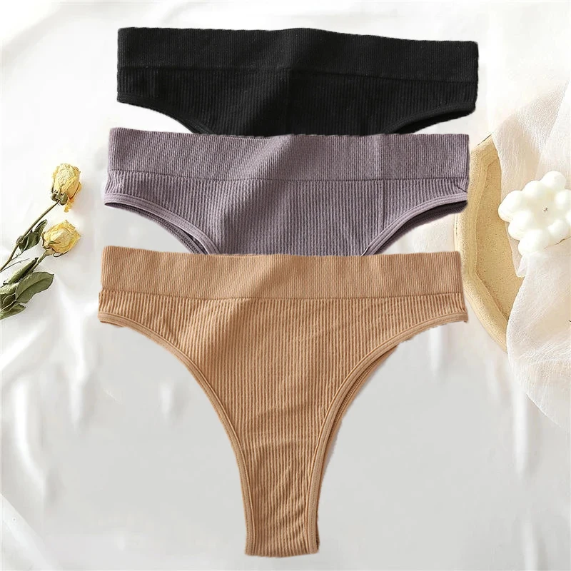 3 ชิ้น/เซ็ตกางเกงผ้าฝ้ายสตรีไม่มีรอยต่อเอวสูง Thongs สบายเซ็กซี่หญิงกางเกงกางเกง Intimates S-XL