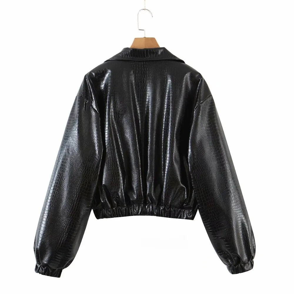 Mantel Wanita Kulit PU Hitam Musim Gugur Musim Dingin Baru Jaket Longgar Hangat Berlapis Katun Pakaian Luar Jaket Biker Pendek Kerah