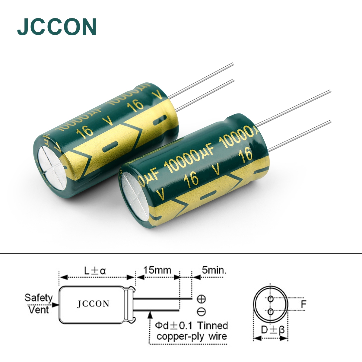 JCCON ตัวเก็บประจุอลูมิเนียมอิเล็กโทรลีติค | ESR ต่ําความถี่สูง | 6.3V-450V, 100UF-470UF | สําหรับเครื่องเสียงและพาวเวอร์ซัพพลาย