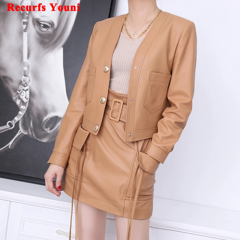 Abrigo corto de cuero genuino para Mujer, chaqueta elegante con cuello en V, hebilla dorada grande, bolsillo informal, Camel/Negro, Otoño/Invierno