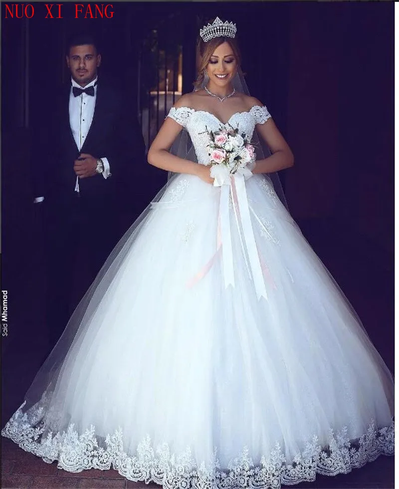 Aangepaste witte kant applicaties off-shoulder bruid trouwjurken plus size bruids bruidsjurken baljurken vestido de noiva