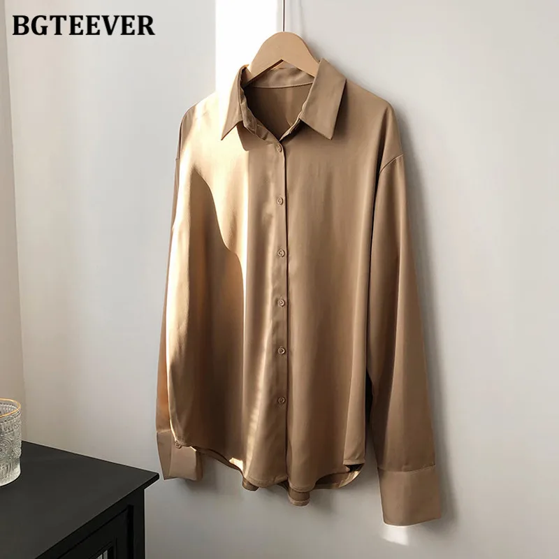 BBTEEVER 2020 세련된 여성 새틴 셔츠, 긴팔 단색 턴다운 칼라, 우아한 사무실 여성 작업복 블라우스, 신상