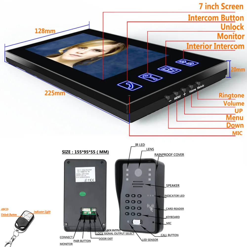 RFID Door Access Control Kit, Video Door Phone Intercom System, Electric Strike Lock, Controle Remoto Sem Fio, 7 "LCD, Câmera ao ar livre