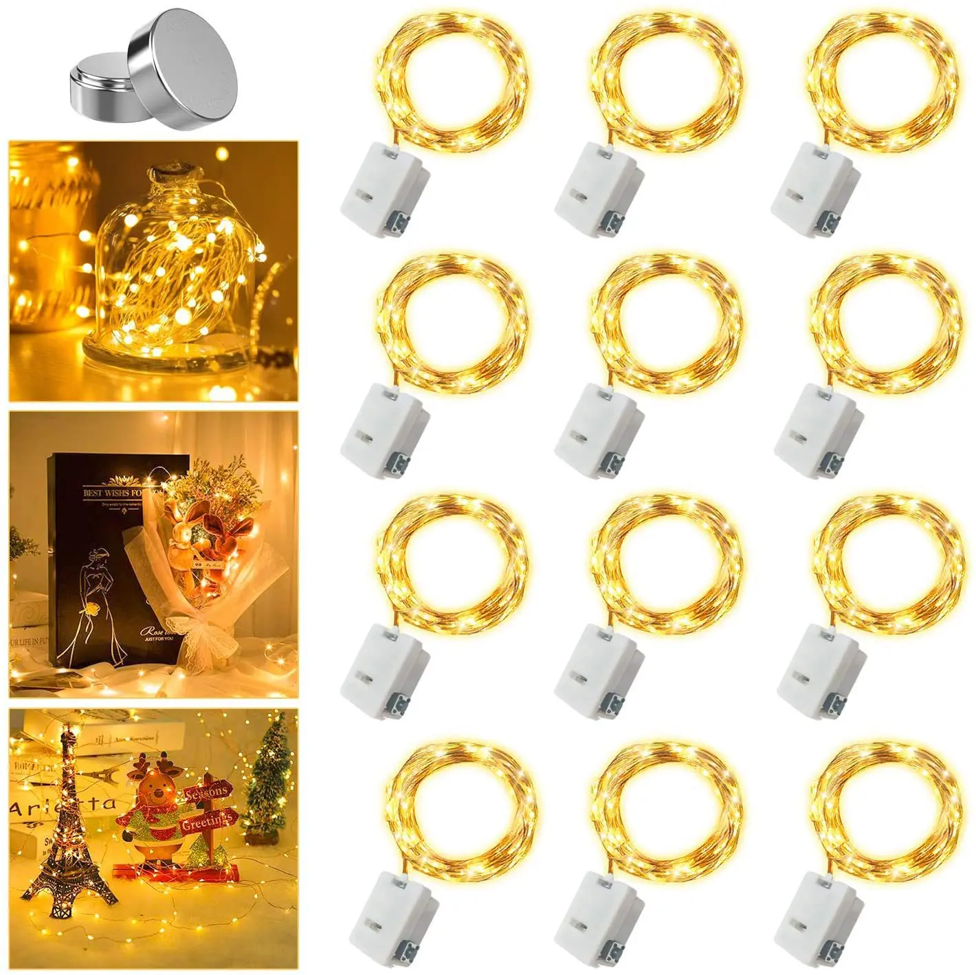 Guirnalda de luces LED de alambre de cobre de 2M con batería, iluminación navideña, guirnalda de hadas para árbol de Navidad, decoración para fiesta de boda, 12 Uds.