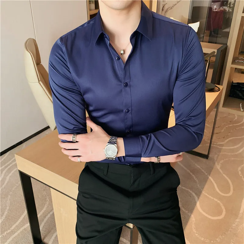 플러스 사이즈 S-7XL 고품질 남성 드레스 셔츠 2024 가을 긴 소매 솔리드 비즈니스 슬림 셔츠 옴므 드레스 사회 캐주얼 셔츠