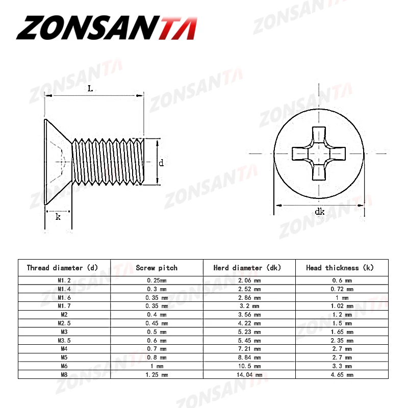 ZONSANTA M1.6 M2 M2.5 M3 M4 M5 M6 Mini Micro Nhỏ 304 Chữ Thập Bằng Thép Không Gỉ Phillips Phẳng Bu Lông Countersunk Đầu đồ Nội Thất Vít