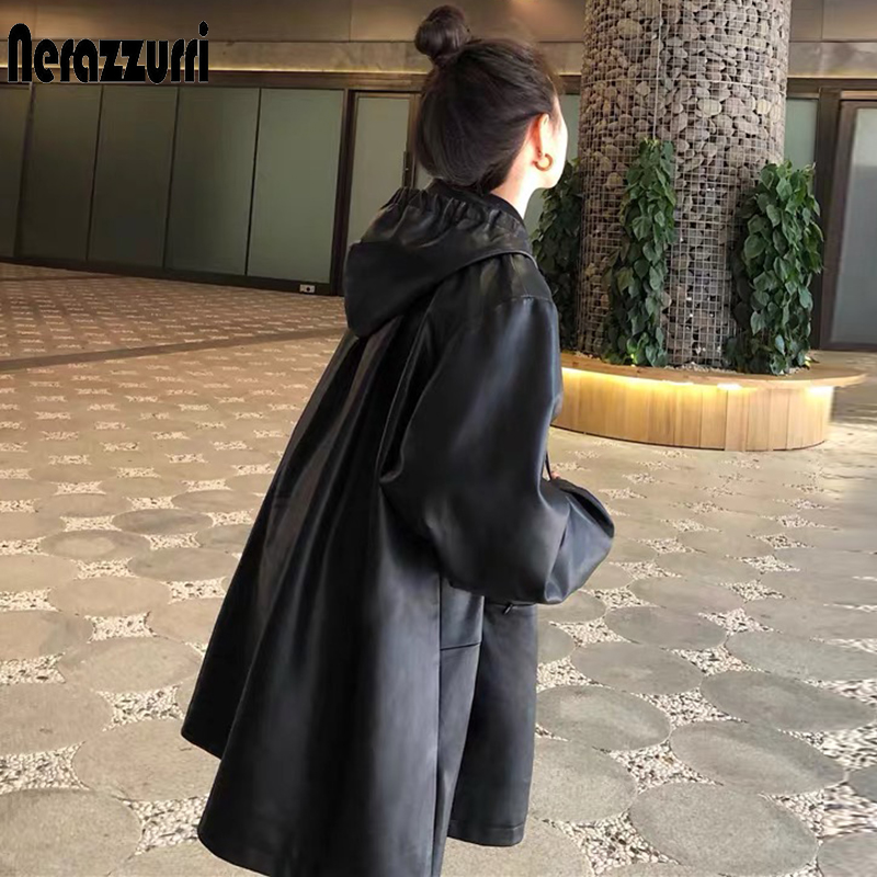 Nerazzurri ฤดูใบไม้ร่วงขนาดใหญ่สีดำหนัง2021สายรัดกระโปรงยาวแขนยาวหลวมนุ่ม Faux หนังแจ็คเก็ตผู้หญิง