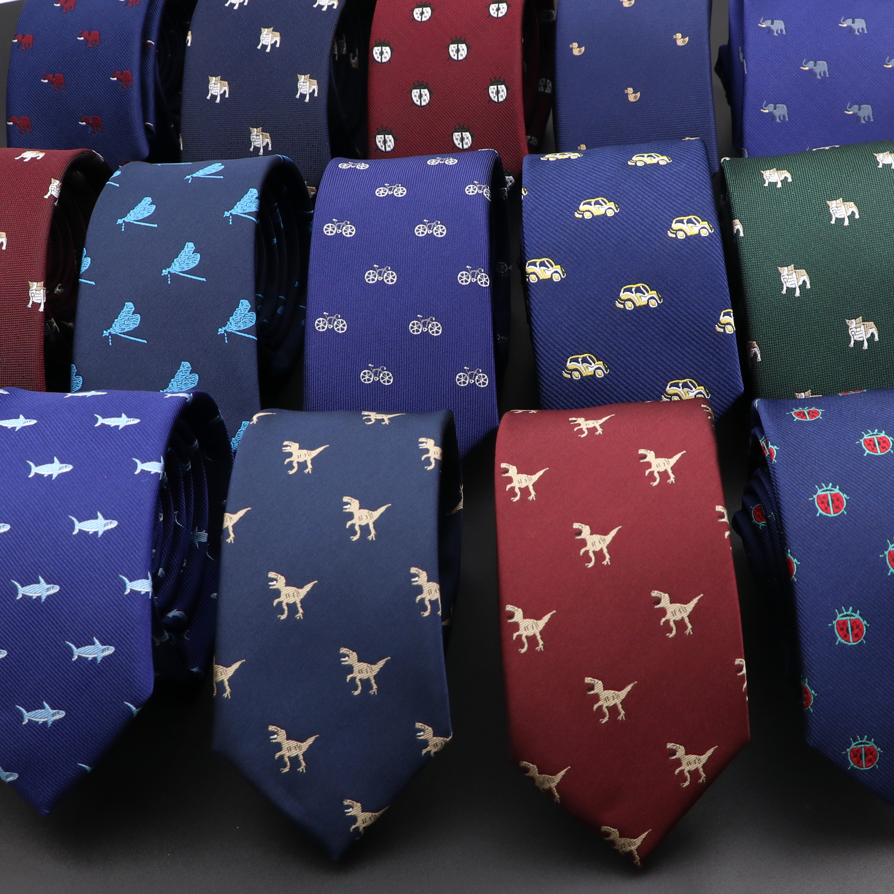 新しいメンズカジュアルネクタイ恐竜昆虫ペットパターンネイビーワインレッドポリエステルジャカードネクタイ 6 センチメートルスリム日常着ウェディングアクセサリー