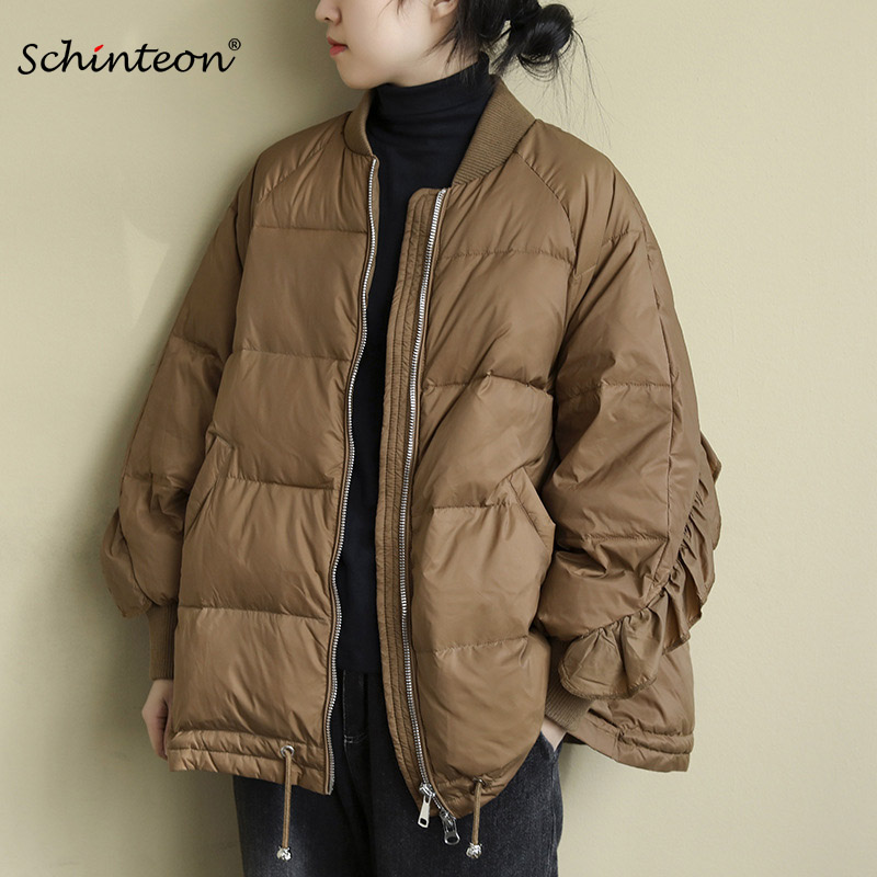Schinteon Koreanischen Stil Frauen Weiße Ente Unten Jacke Lose Über Größe Herbst Winter Warme Outwear Mantel Rüschen Ärmeln Neue